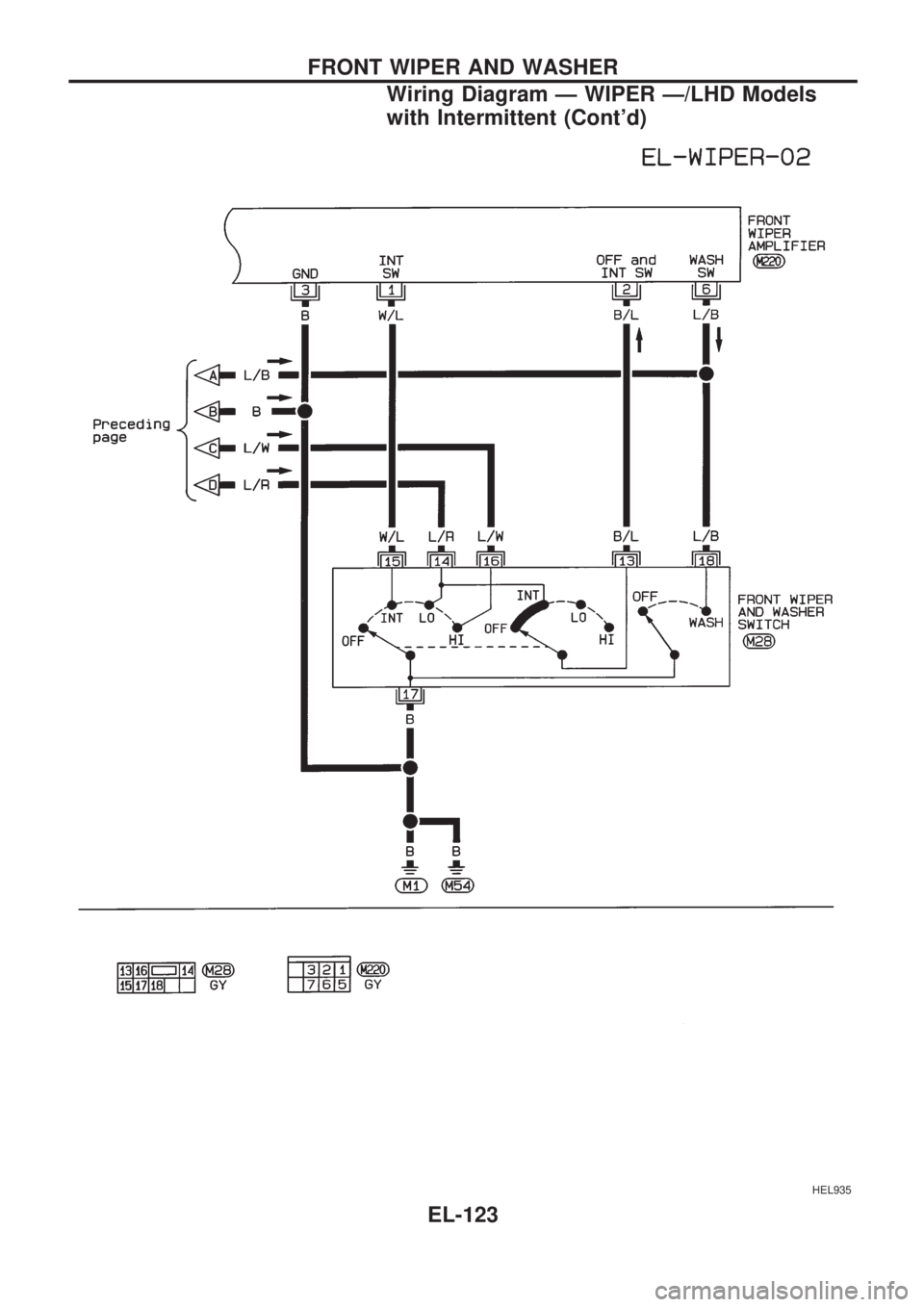 NISSAN PICK-UP 1998  Repair Manual HEL935
FRONT WIPER AND WASHER
Wiring Diagram Ð WIPER Ð/LHD Models
with Intermittent (Contd)
EL-123 