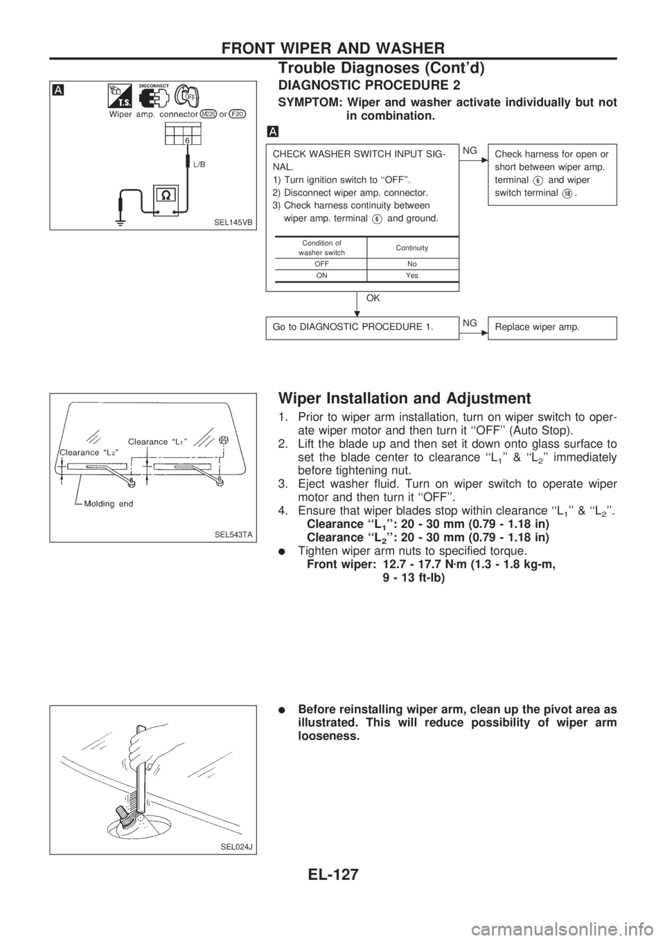 NISSAN PICK-UP 1998 Repair Manual DIAGNOSTIC PROCEDURE 2
SYMPTOM: Wiper and washer activate individually but not
in combination.
CHECK WASHER SWITCH INPUT SIG-
NAL.
1) Turn ignition switch to ``OFF.
2) Disconnect wiper amp. connecto NISSAN PICK-UP 1998 Repair Manual DIAGNOSTIC PROCEDURE 2
SYMPTOM: Wiper and washer activate individually but not
in combination.
CHECK WASHER SWITCH INPUT SIG-
NAL.
1) Turn ignition switch to ``OFF.
2) Disconnect wiper amp. connecto