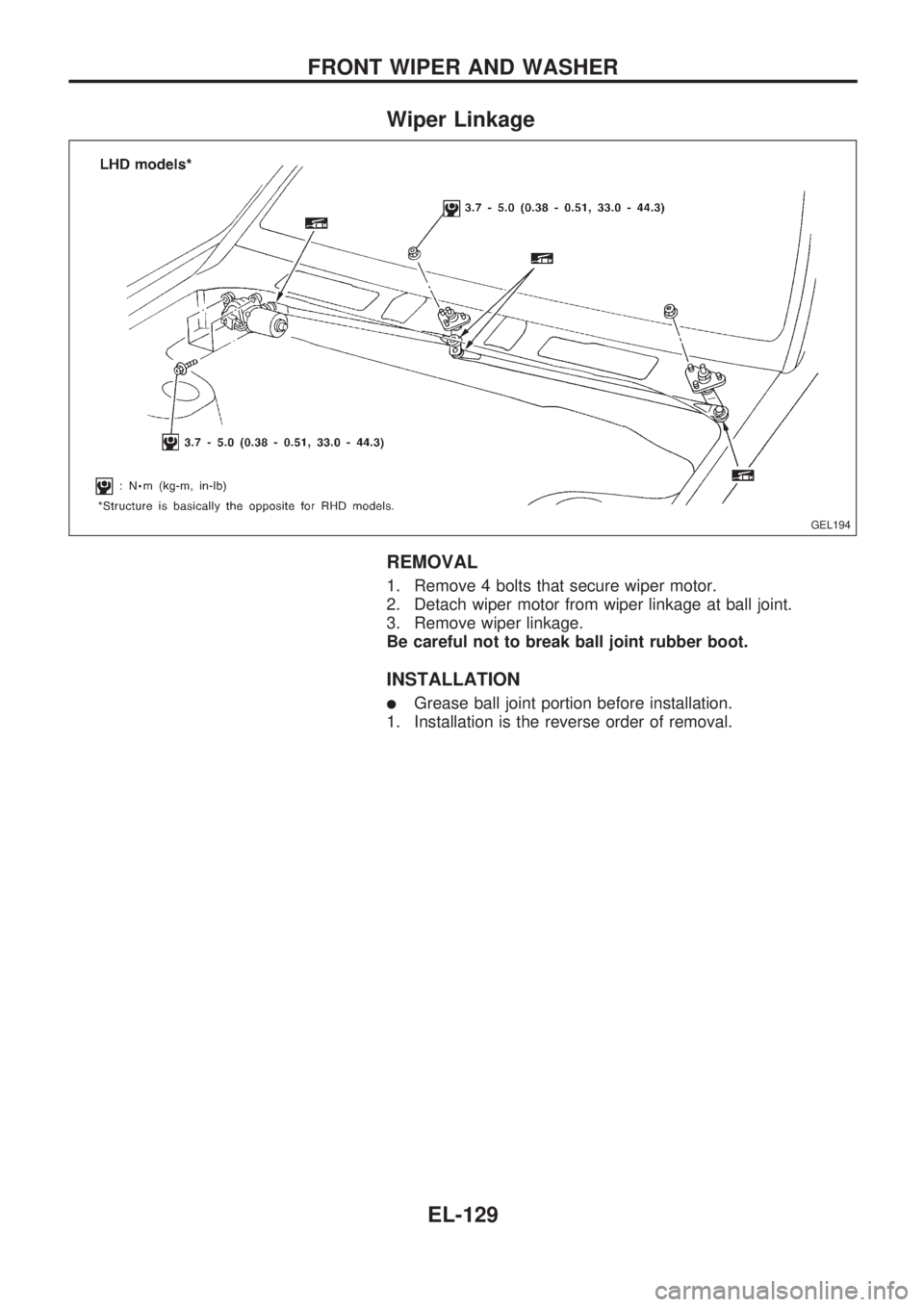 NISSAN PICK-UP 1998  Repair Manual Wiper Linkage
REMOVAL
1. Remove 4 bolts that secure wiper motor.
2. Detach wiper motor from wiper linkage at ball joint.
3. Remove wiper linkage.
Be careful not to break ball joint rubber boot.
INSTAL