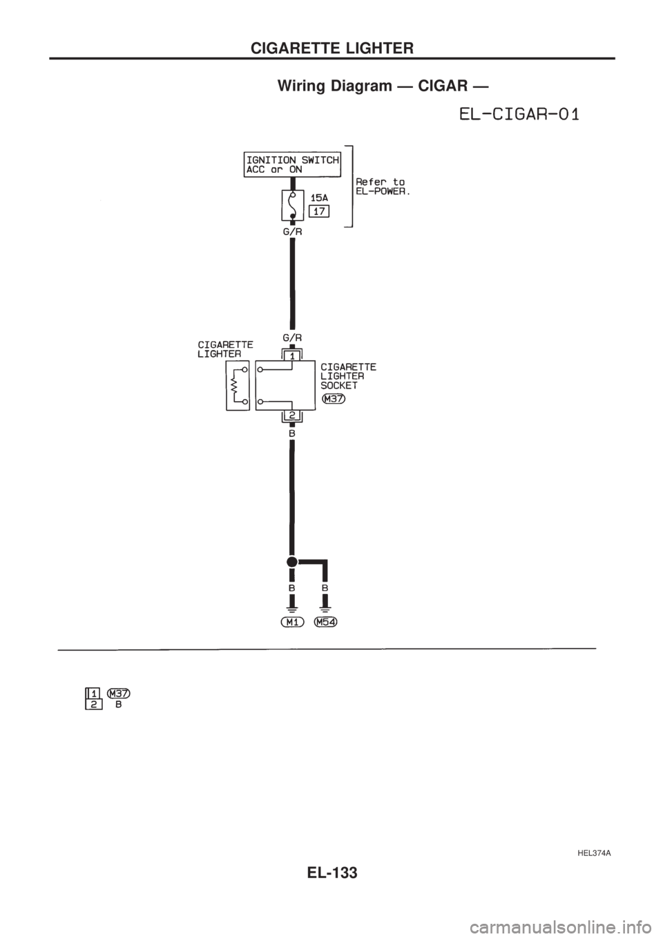 NISSAN PICK-UP 1998  Repair Manual Wiring Diagram Ð CIGAR Ð
HEL374A
CIGARETTE LIGHTER
EL-133 
