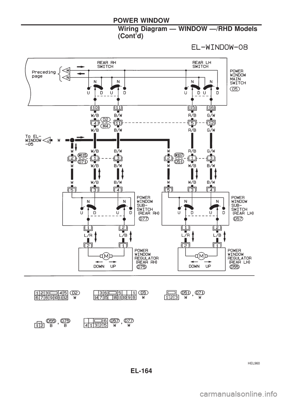 NISSAN PICK-UP 1998  Repair Manual HEL960
POWER WINDOW
Wiring Diagram Ð WINDOW Ð/RHD Models
(Contd)
EL-164 