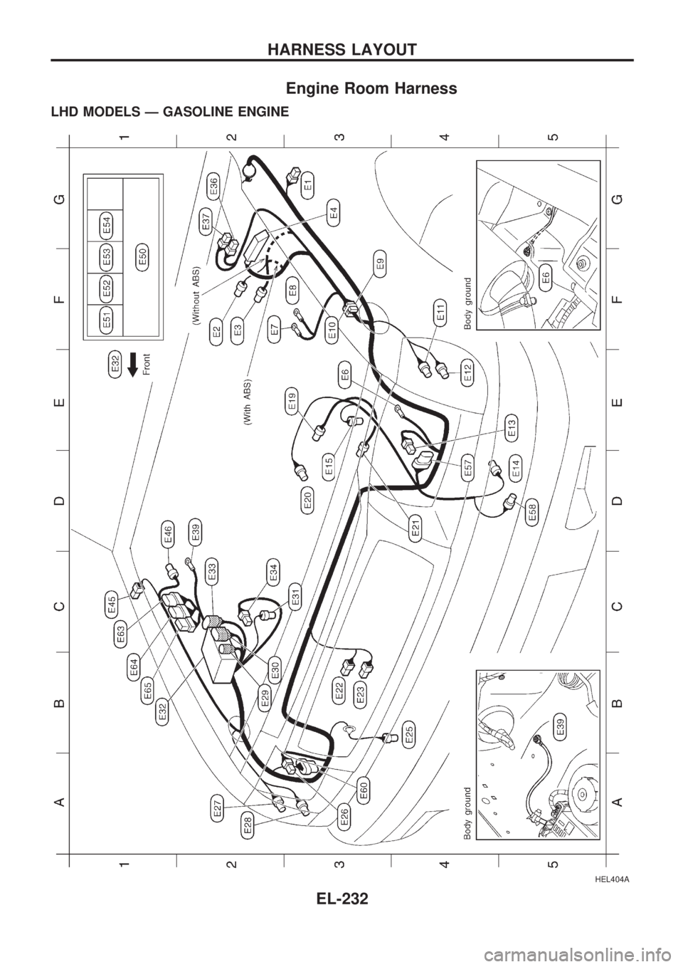 NISSAN PICK-UP 1998  Repair Manual Engine Room Harness
LHD MODELS Ð GASOLINE ENGINE
HEL404A
HARNESS LAYOUT
EL-232 