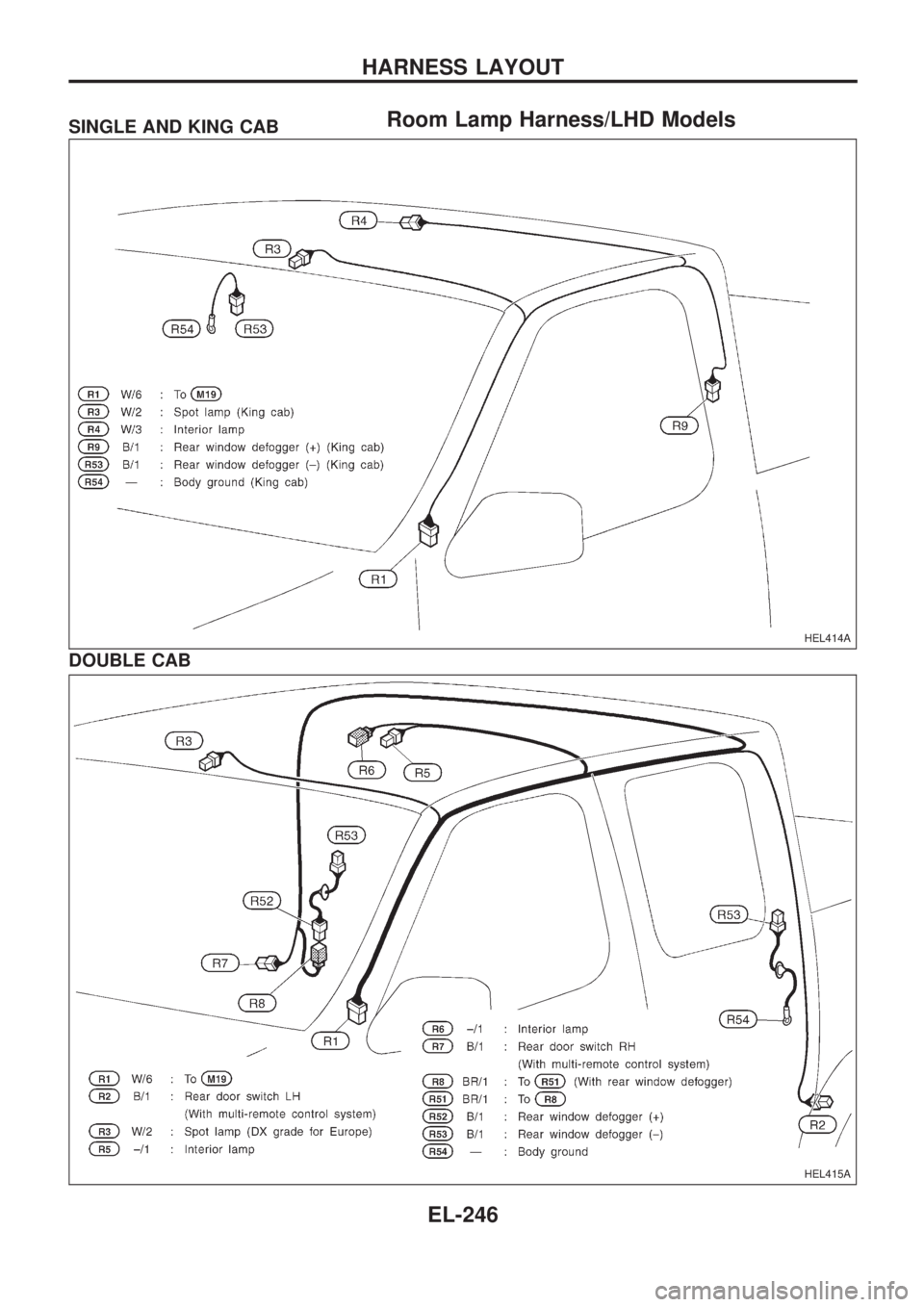 NISSAN PICK-UP 1998  Repair Manual Room Lamp Harness/LHD ModelsSINGLE AND KING CAB
DOUBLE CAB
HEL414A
HEL415A
HARNESS LAYOUT
EL-246 