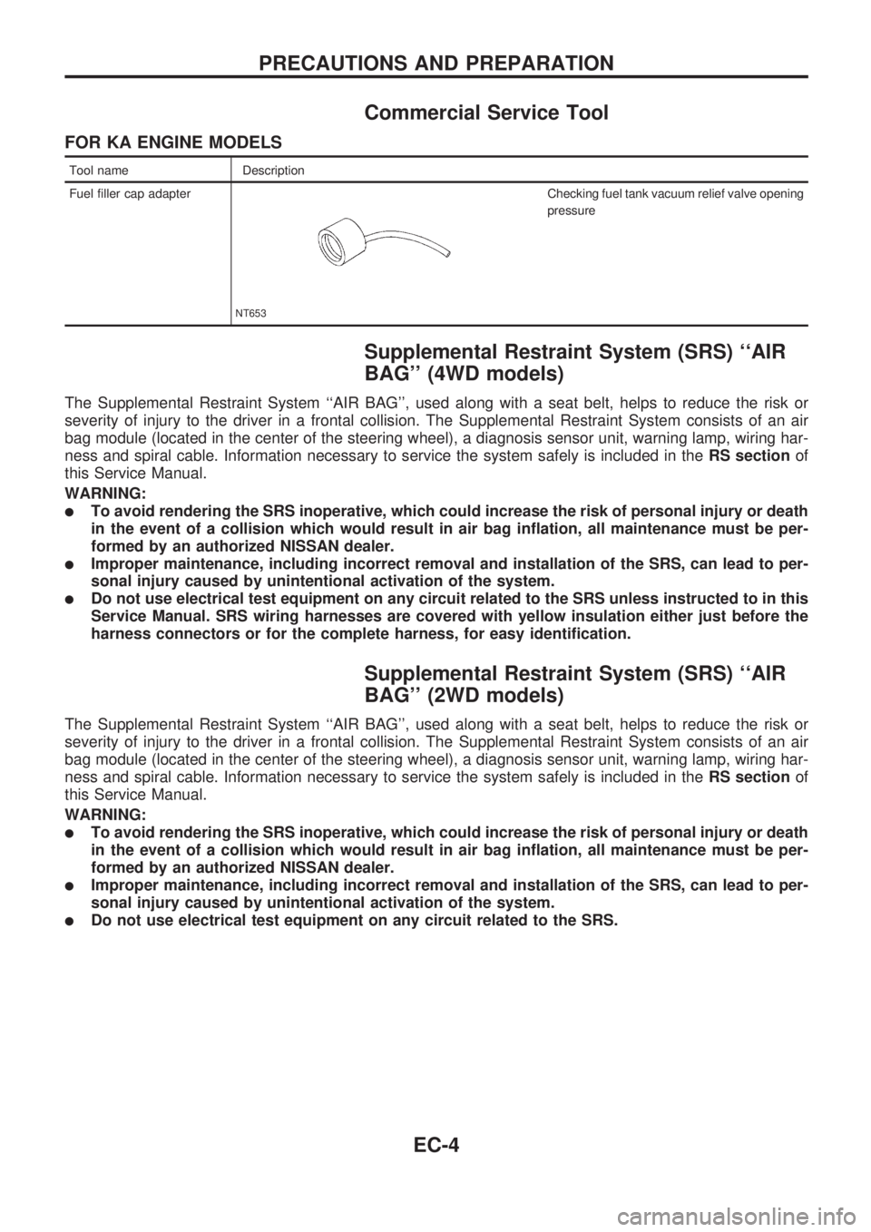 NISSAN PICK-UP 1998  Repair Manual Commercial Service Tool
FOR KA ENGINE MODELS
Tool name Description
Fuel filler cap adapter
NT653
Checking fuel tank vacuum relief valve opening
pressure
Supplemental Restraint System (SRS) ``AIR
BAG