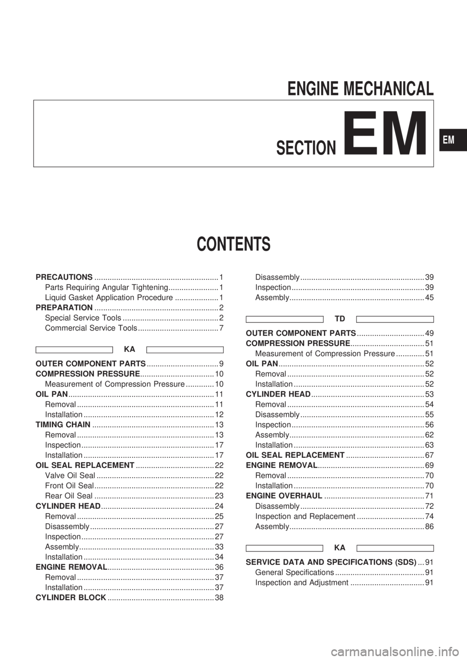 NISSAN PICK-UP 1998 Repair Manual ENGINE MECHANICAL
SECTION
EM
CONTENTS
PRECAUTIONS......................................................... 1
Parts Requiring Angular Tightening....................... 1
Liquid Gasket Application Proce NISSAN PICK-UP 1998 Repair Manual ENGINE MECHANICAL
SECTION
EM
CONTENTS
PRECAUTIONS......................................................... 1
Parts Requiring Angular Tightening....................... 1
Liquid Gasket Application Proce