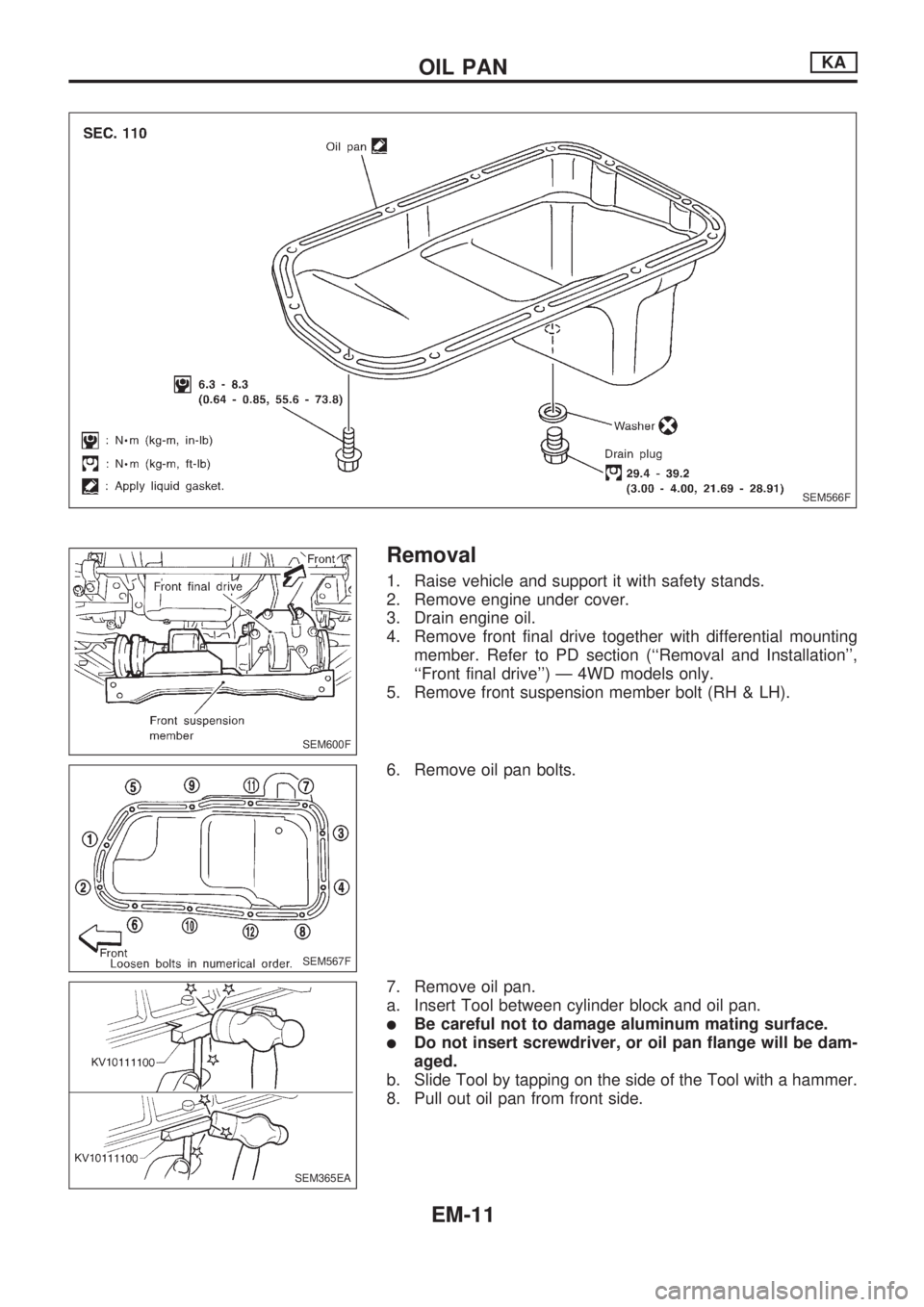 NISSAN PICK-UP 1998  Repair Manual Removal
1. Raise vehicle and support it with safety stands.
2. Remove engine under cover.
3. Drain engine oil.
4. Remove front final drive together with differential mounting
member. Refer to PD secti