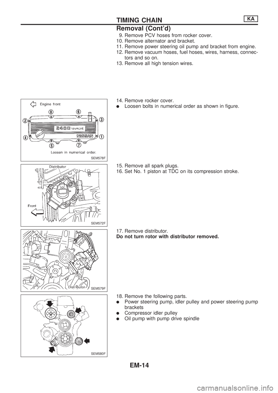 NISSAN PICK-UP 1998  Repair Manual 9. Remove PCV hoses from rocker cover.
10. Remove alternator and bracket.
11. Remove power steering oil pump and bracket from engine.
12. Remove vacuum hoses, fuel hoses, wires, harness, connec-
tors 