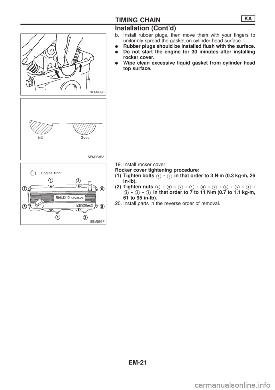 NISSAN PICK-UP 1998  Repair Manual b. Install rubber plugs, then move them with your fingers to
uniformly spread the gasket on cylinder head surface.
lRubber plugs should be installed flush with the surface.
lDo not start the engine fo