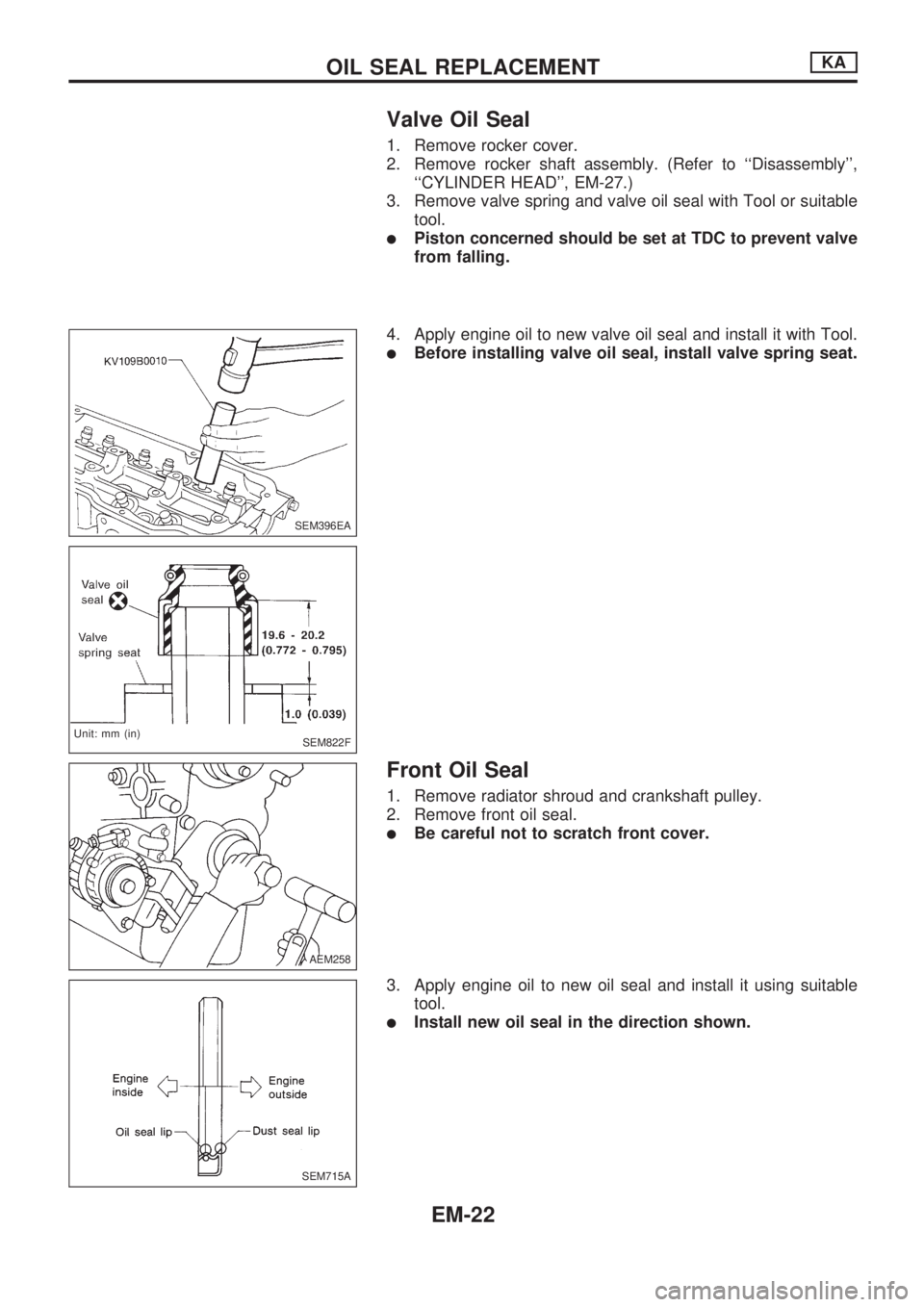 NISSAN PICK-UP 1998  Repair Manual Valve Oil Seal
1. Remove rocker cover.
2. Remove rocker shaft assembly. (Refer to ``Disassembly,
``CYLINDER HEAD, EM-27.)
3. Remove valve spring and valve oil seal with Tool or suitable
tool.
lPis