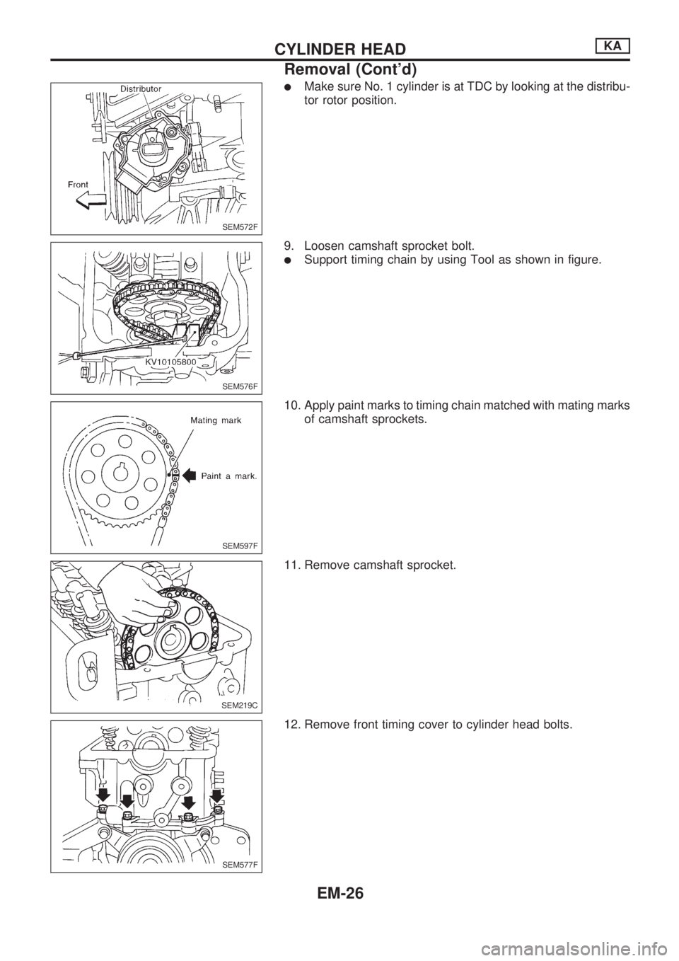 NISSAN PICK-UP 1998  Repair Manual lMake sure No. 1 cylinder is at TDC by looking at the distribu-
tor rotor position.
9. Loosen camshaft sprocket bolt.
lSupport timing chain by using Tool as shown in figure.
10. Apply paint marks to t