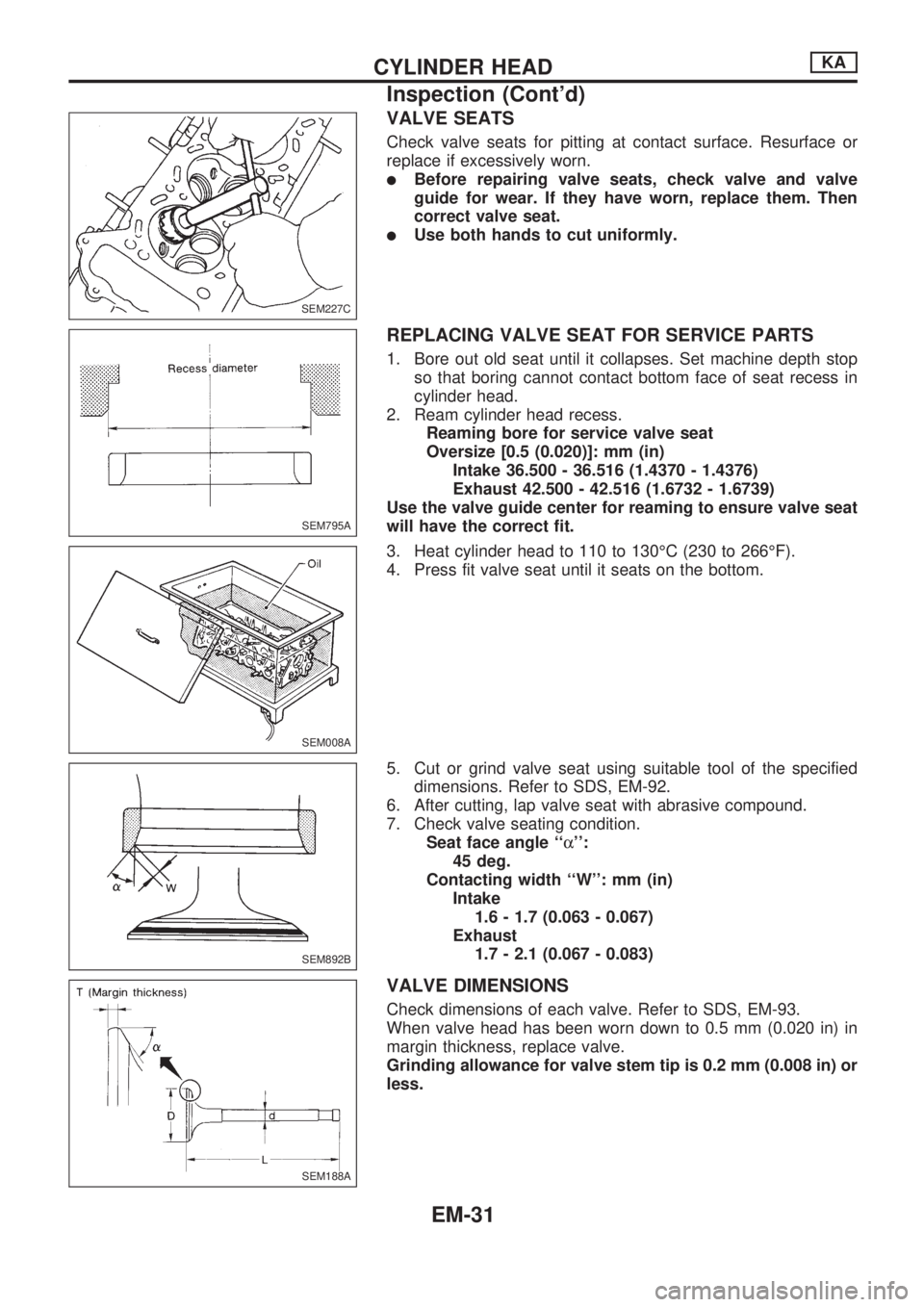 NISSAN PICK-UP 1998 Repair Manual VALVE SEATS
Check valve seats for pitting at contact surface. Resurface or
replace if excessively worn.
lBefore repairing valve seats, check valve and valve
guide for wear. If they have worn, replace NISSAN PICK-UP 1998 Repair Manual VALVE SEATS
Check valve seats for pitting at contact surface. Resurface or
replace if excessively worn.
lBefore repairing valve seats, check valve and valve
guide for wear. If they have worn, replace
