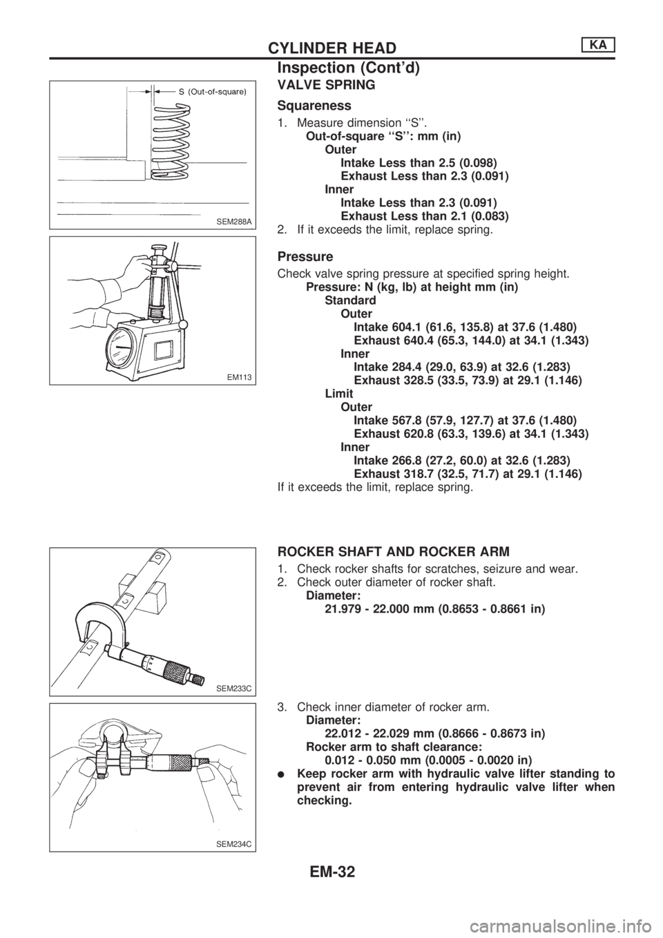 NISSAN PICK-UP 1998 Repair Manual VALVE SPRING
Squareness
1. Measure dimension ``S.
Out-of-square ``S: mm (in)
Outer
Intake Less than 2.5 (0.098)
Exhaust Less than 2.3 (0.091)
Inner
Intake Less than 2.3 (0.091)
Exhaust Less than 2 NISSAN PICK-UP 1998 Repair Manual VALVE SPRING
Squareness
1. Measure dimension ``S.
Out-of-square ``S: mm (in)
Outer
Intake Less than 2.5 (0.098)
Exhaust Less than 2.3 (0.091)
Inner
Intake Less than 2.3 (0.091)
Exhaust Less than 2