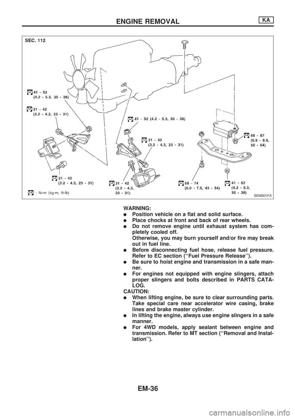 NISSAN PICK-UP 1998 Repair Manual WARNING:
lPosition vehicle on a flat and solid surface.
lPlace chocks at front and back of rear wheels.
lDo not remove engine until exhaust system has com-
pletely cooled off.
Otherwise, you may burn NISSAN PICK-UP 1998 Repair Manual WARNING:
lPosition vehicle on a flat and solid surface.
lPlace chocks at front and back of rear wheels.
lDo not remove engine until exhaust system has com-
pletely cooled off.
Otherwise, you may burn