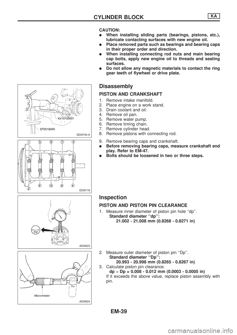 NISSAN PICK-UP 1998  Repair Manual CAUTION:
lWhen installing sliding parts (bearings, pistons, etc.),
lubricate contacting surfaces with new engine oil.
lPlace removed parts such as bearings and bearing caps
in their proper order and d