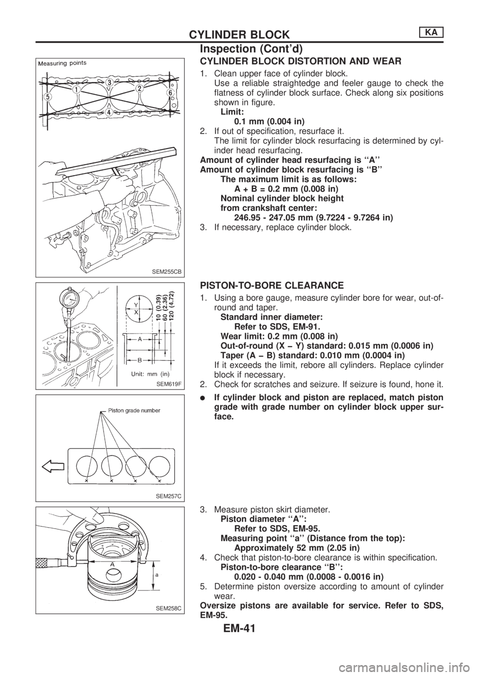 NISSAN PICK-UP 1998  Repair Manual CYLINDER BLOCK DISTORTION AND WEAR
1. Clean upper face of cylinder block.
Use a reliable straightedge and feeler gauge to check the
flatness of cylinder block surface. Check along six positions
shown 