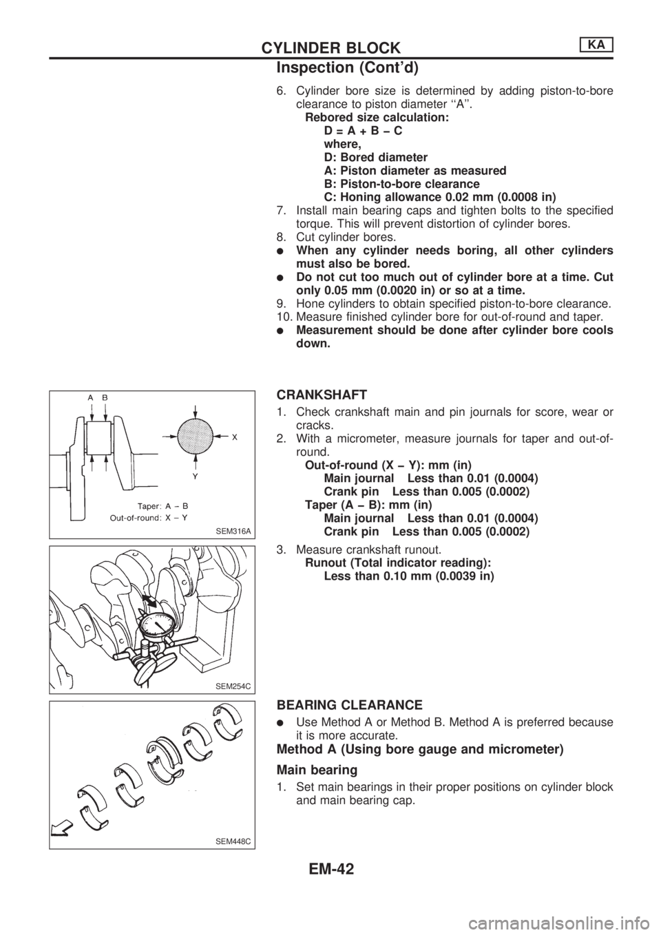 NISSAN PICK-UP 1998  Repair Manual 6. Cylinder bore size is determined by adding piston-to-bore
clearance to piston diameter ``A.
Rebored size calculation:
D=A+BþC
where,
D: Bored diameter
A: Piston diameter as measured
B: Piston-to