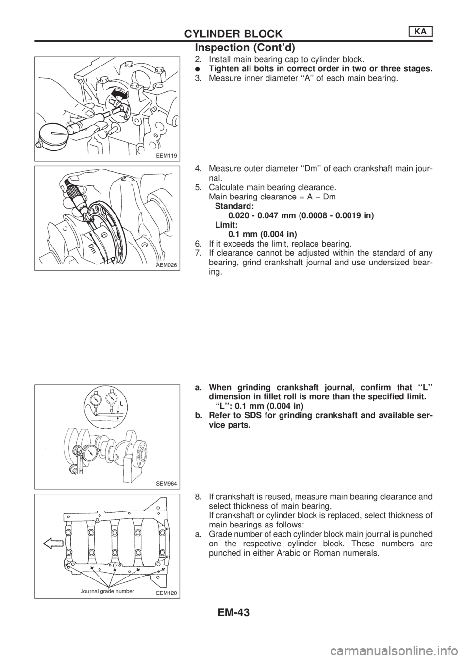 NISSAN PICK-UP 1998  Repair Manual 2. Install main bearing cap to cylinder block.
lTighten all bolts in correct order in two or three stages.
3. Measure inner diameter ``A of each main bearing.
4. Measure outer diameter ``Dm of eac
