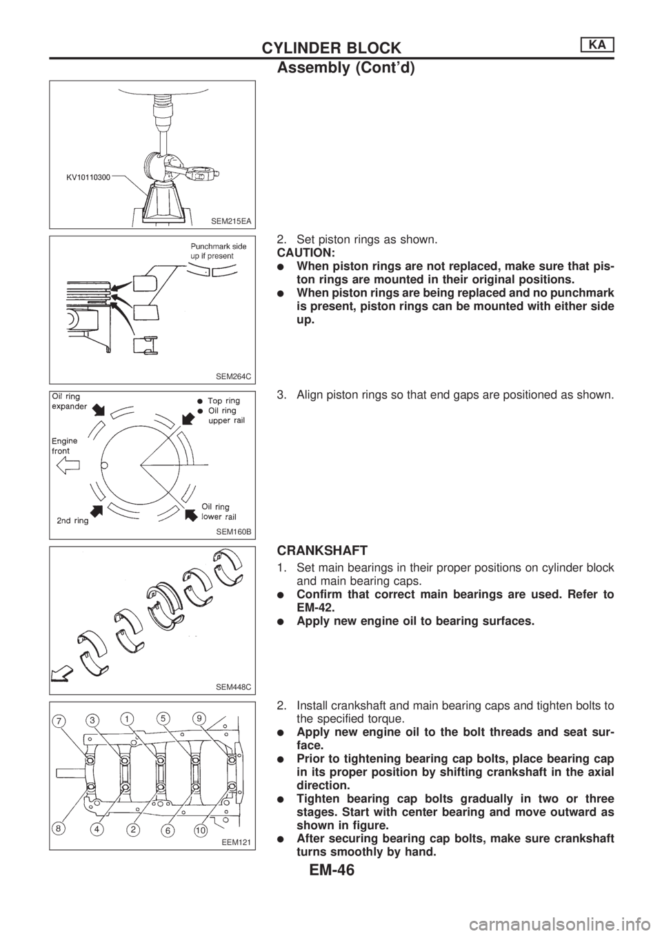 NISSAN PICK-UP 1998  Repair Manual 2. Set piston rings as shown.
CAUTION:
lWhen piston rings are not replaced, make sure that pis-
ton rings are mounted in their original positions.
lWhen piston rings are being replaced and no punchmar