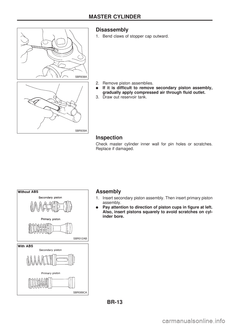 NISSAN PICK-UP 1998 User Guide Disassembly
1. Bend claws of stopper cap outward.
2. Remove piston assemblies.
lIf it is difficult to remove secondary piston assembly,
gradually apply compressed air through fluid outlet.
3. Draw out