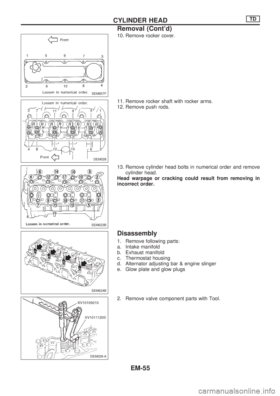 NISSAN PICK-UP 1998  Repair Manual 10. Remove rocker cover.
11. Remove rocker shaft with rocker arms.
12. Remove push rods.
13. Remove cylinder head bolts in numerical order and remove
cylinder head.
Head warpage or cracking could resu