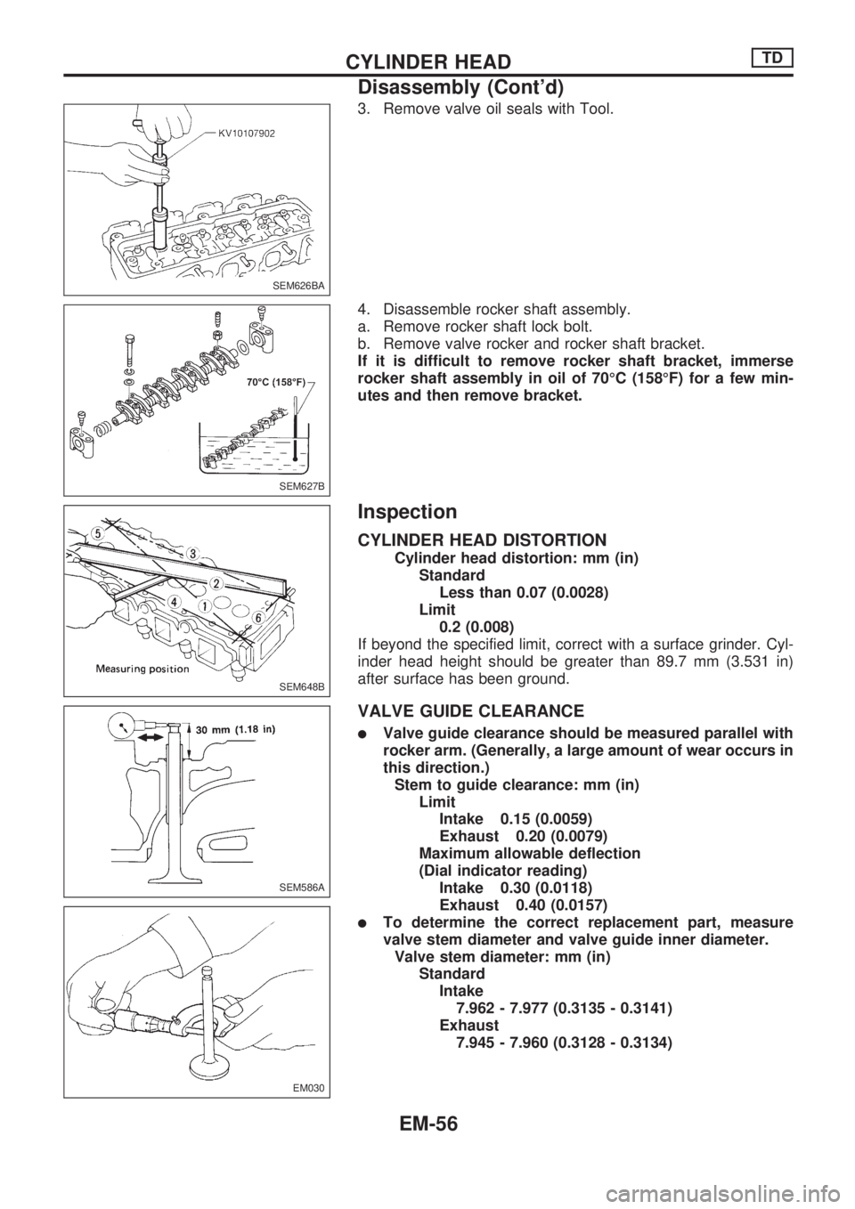 NISSAN PICK-UP 1998  Repair Manual 3. Remove valve oil seals with Tool.
4. Disassemble rocker shaft assembly.
a. Remove rocker shaft lock bolt.
b. Remove valve rocker and rocker shaft bracket.
If it is difficult to remove rocker shaft 