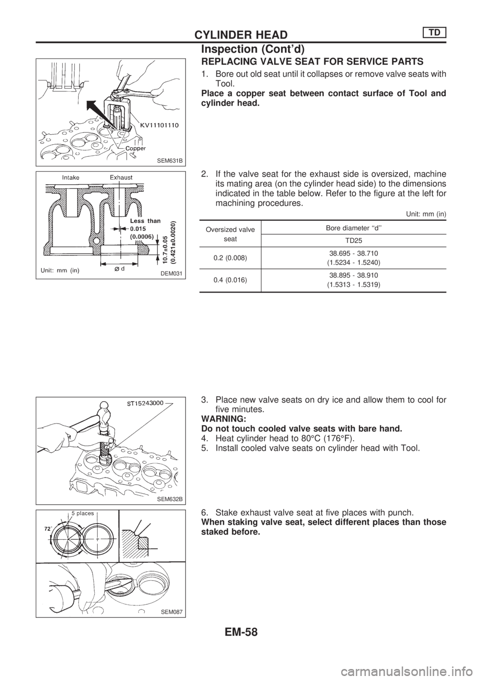 NISSAN PICK-UP 1998  Repair Manual REPLACING VALVE SEAT FOR SERVICE PARTS
1. Bore out old seat until it collapses or remove valve seats with
Tool.
Place a copper seat between contact surface of Tool and
cylinder head.
2. If the valve s