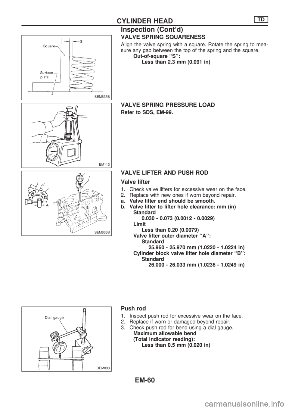 NISSAN PICK-UP 1998  Repair Manual VALVE SPRING SQUARENESS
Align the valve spring with a square. Rotate the spring to mea-
sure any gap between the top of the spring and the square.
Out-of-square ``S:
Less than 2.3 mm (0.091 in)
VALV