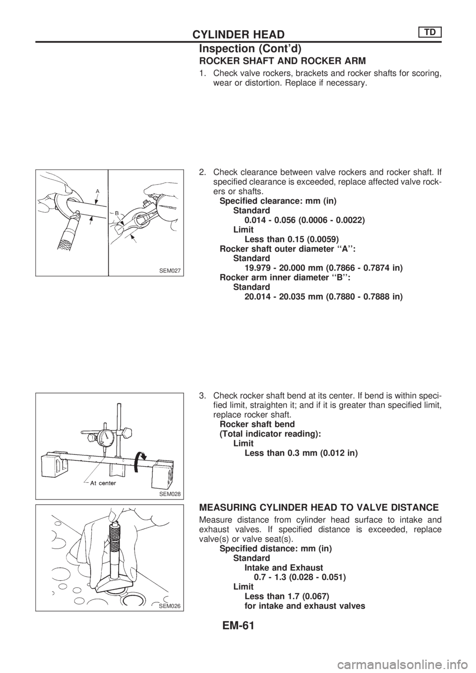 NISSAN PICK-UP 1998  Repair Manual ROCKER SHAFT AND ROCKER ARM
1. Check valve rockers, brackets and rocker shafts for scoring,
wear or distortion. Replace if necessary.
2. Check clearance between valve rockers and rocker shaft. If
spec