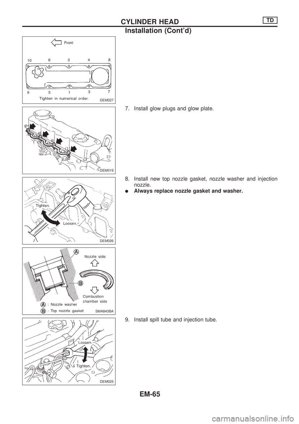 NISSAN PICK-UP 1998  Repair Manual 7. Install glow plugs and glow plate.
8. Install new top nozzle gasket, nozzle washer and injection
nozzle.
lAlways replace nozzle gasket and washer.
9. Install spill tube and injection tube.
DEM027
D