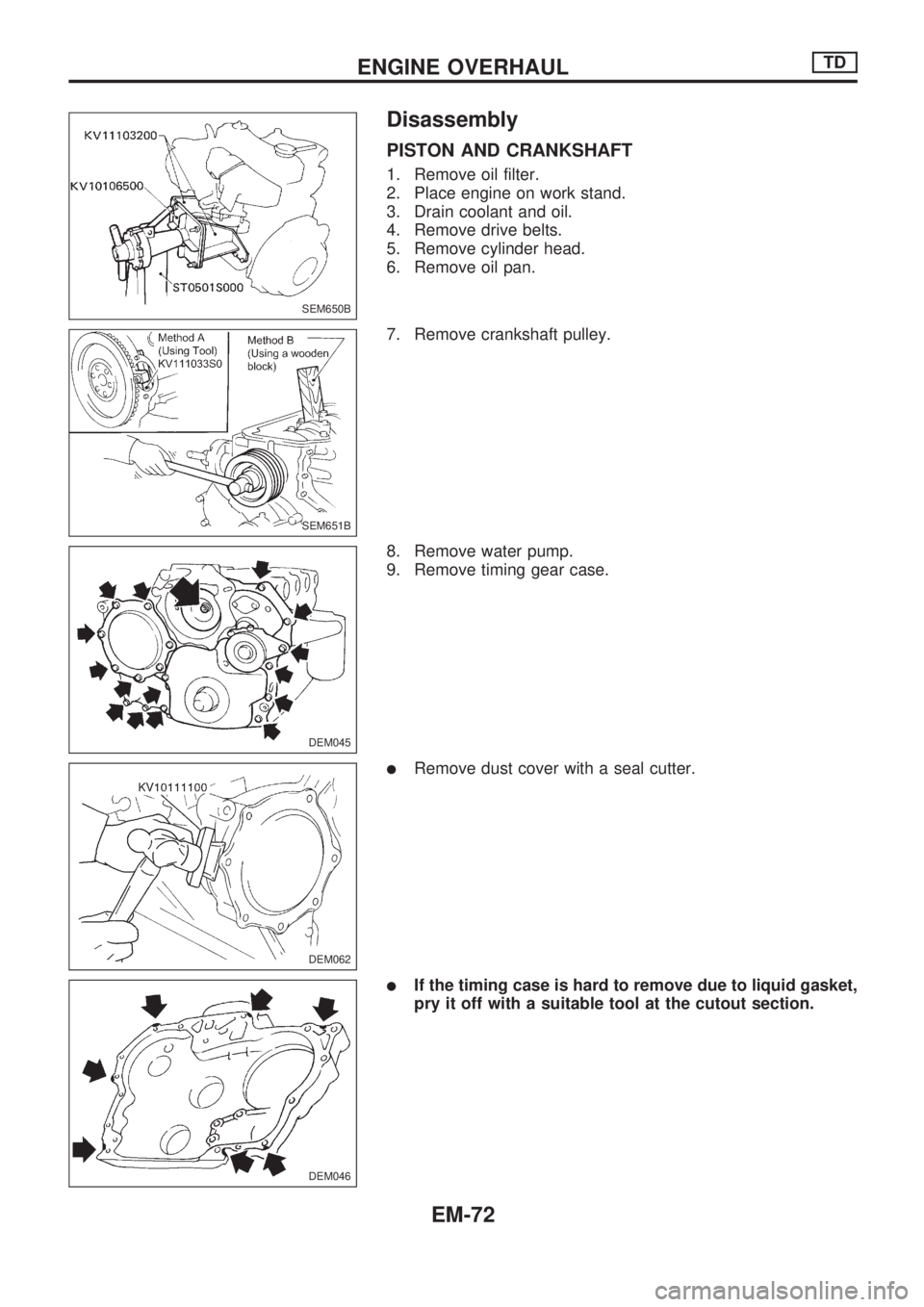 NISSAN PICK-UP 1998  Repair Manual Disassembly
PISTON AND CRANKSHAFT
1. Remove oil filter.
2. Place engine on work stand.
3. Drain coolant and oil.
4. Remove drive belts.
5. Remove cylinder head.
6. Remove oil pan.
7. Remove crankshaft