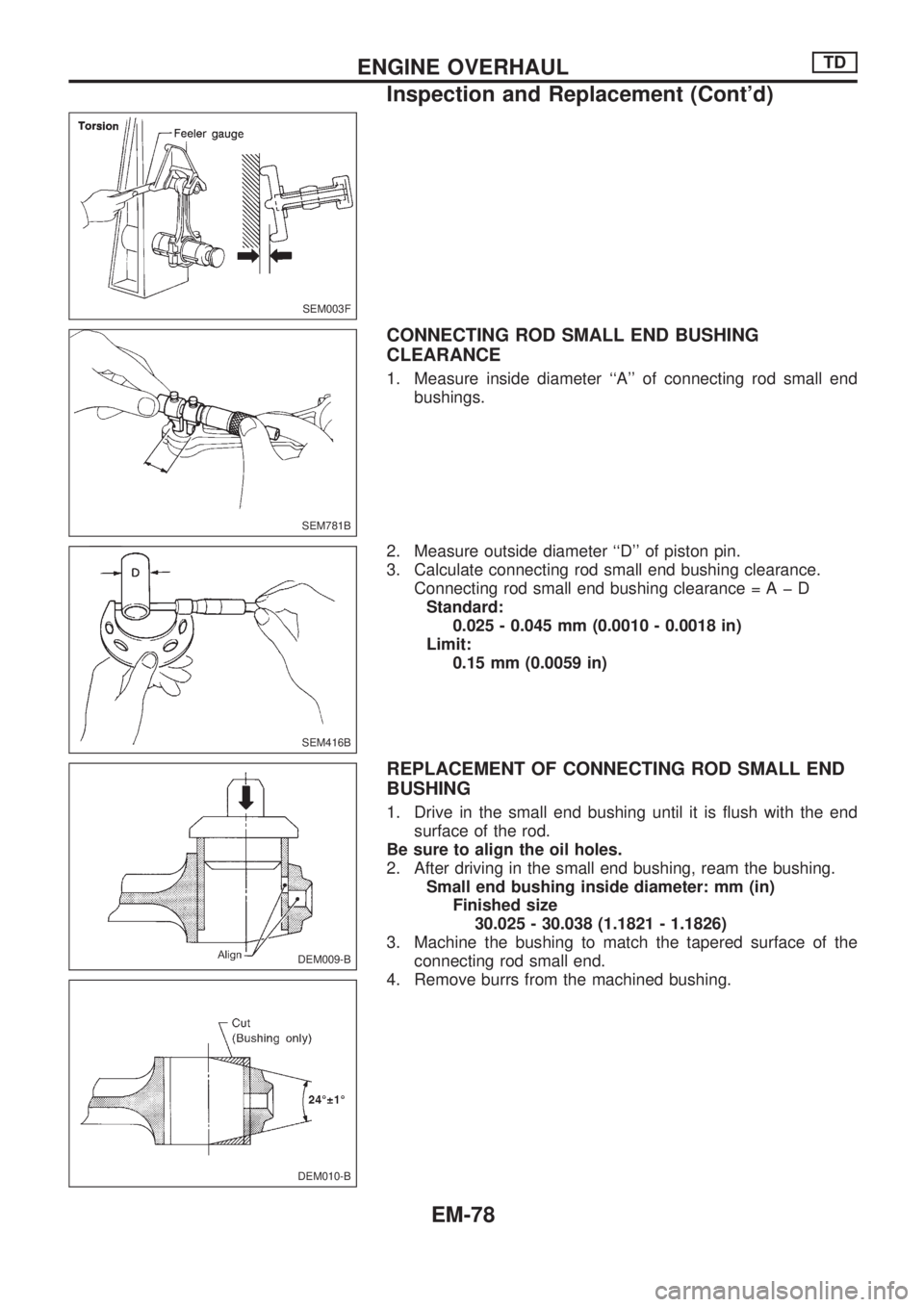 NISSAN PICK-UP 1998  Repair Manual CONNECTING ROD SMALL END BUSHING
CLEARANCE
1. Measure inside diameter ``A of connecting rod small end
bushings.
2. Measure outside diameter ``D of piston pin.
3. Calculate connecting rod small end