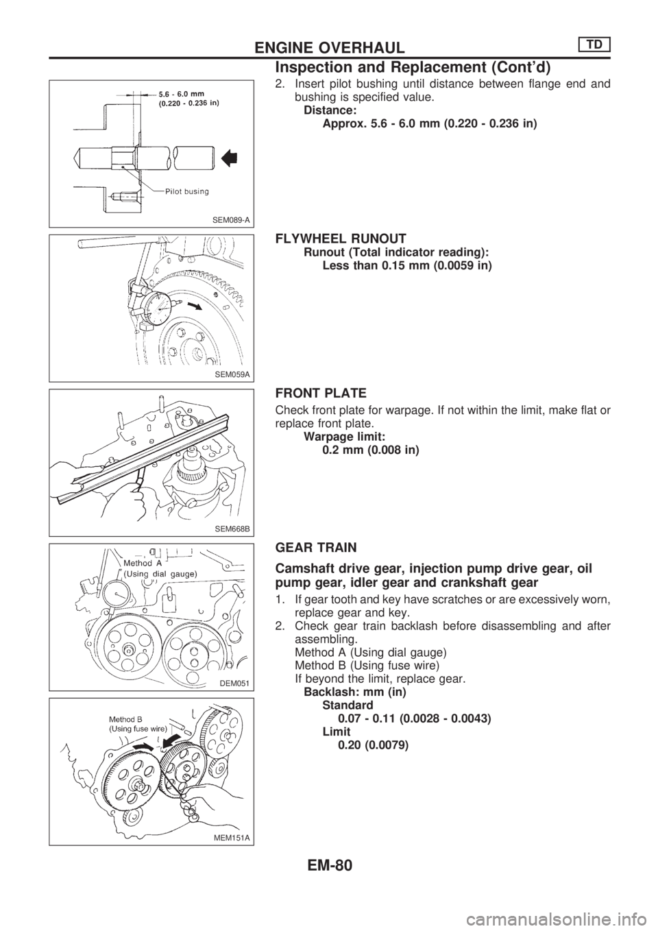 NISSAN PICK-UP 1998  Repair Manual 2. Insert pilot bushing until distance between flange end and
bushing is specified value.
Distance:
Approx. 5.6 - 6.0 mm (0.220 - 0.236 in)
FLYWHEEL RUNOUT
Runout (Total indicator reading):
Less than 