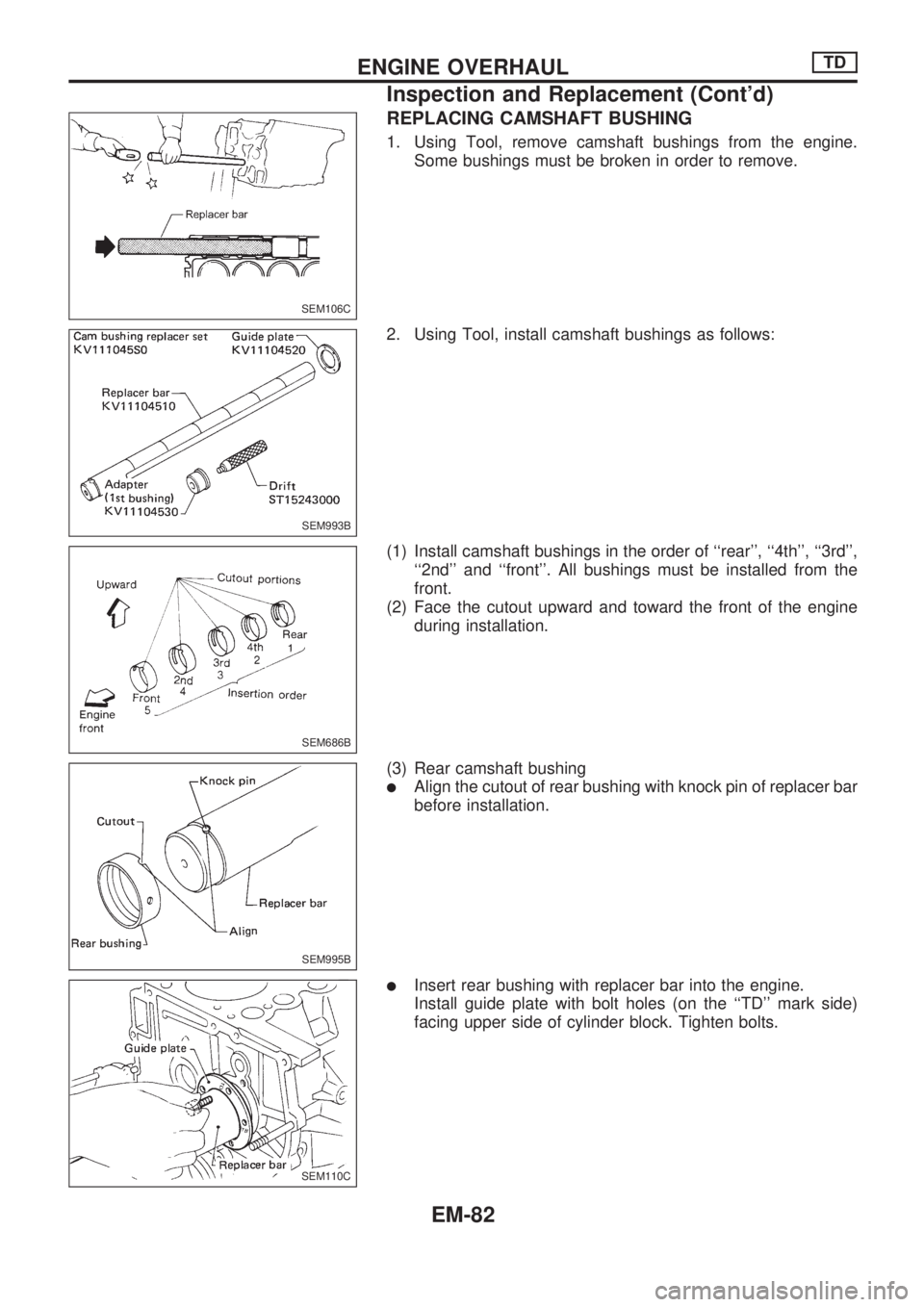 NISSAN PICK-UP 1998  Repair Manual REPLACING CAMSHAFT BUSHING
1. Using Tool, remove camshaft bushings from the engine.
Some bushings must be broken in order to remove.
2. Using Tool, install camshaft bushings as follows:
(1) Install ca