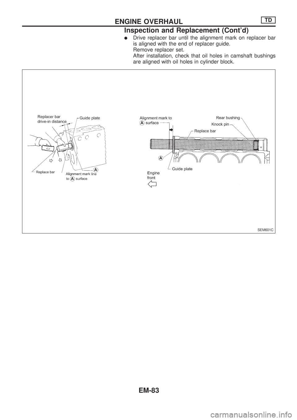 NISSAN PICK-UP 1998  Repair Manual lDrive replacer bar until the alignment mark on replacer bar
is aligned with the end of replacer guide.
Remove replacer set.
After installation, check that oil holes in camshaft bushings
are aligned w