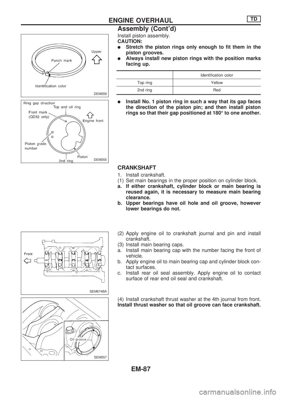 NISSAN PICK-UP 1998  Repair Manual Install piston assembly.
CAUTION:
lStretch the piston rings only enough to fit them in the
piston grooves.
lAlways install new piston rings with the position marks
facing up.
Identification color
Top 