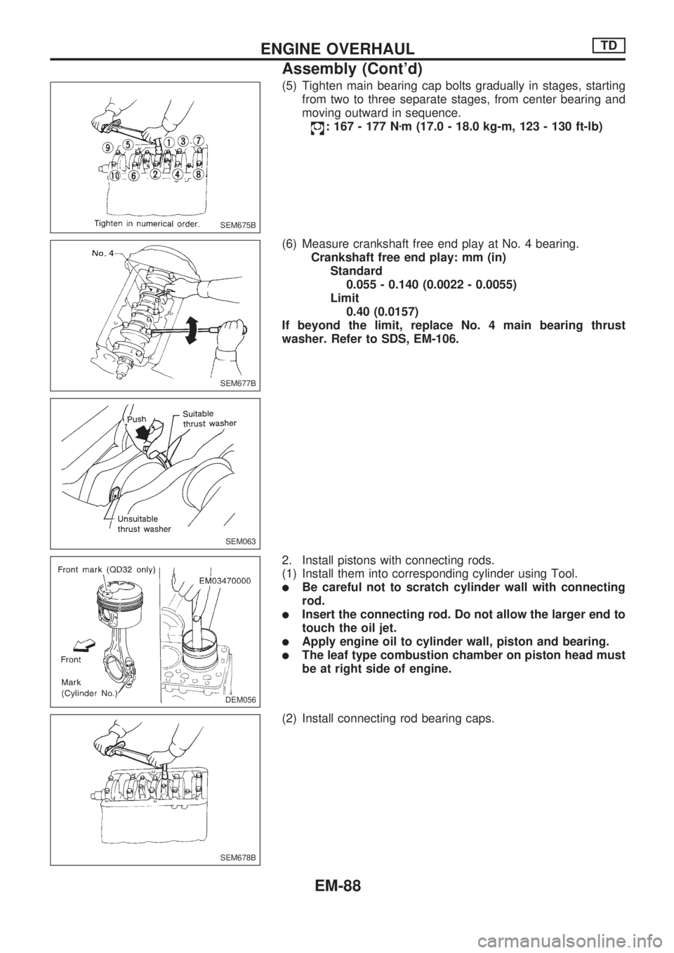NISSAN PICK-UP 1998  Repair Manual (5) Tighten main bearing cap bolts gradually in stages, starting
from two to three separate stages, from center bearing and
moving outward in sequence.
: 167 - 177 Nzm (17.0 - 18.0 kg-m, 123 - 130 ft-
