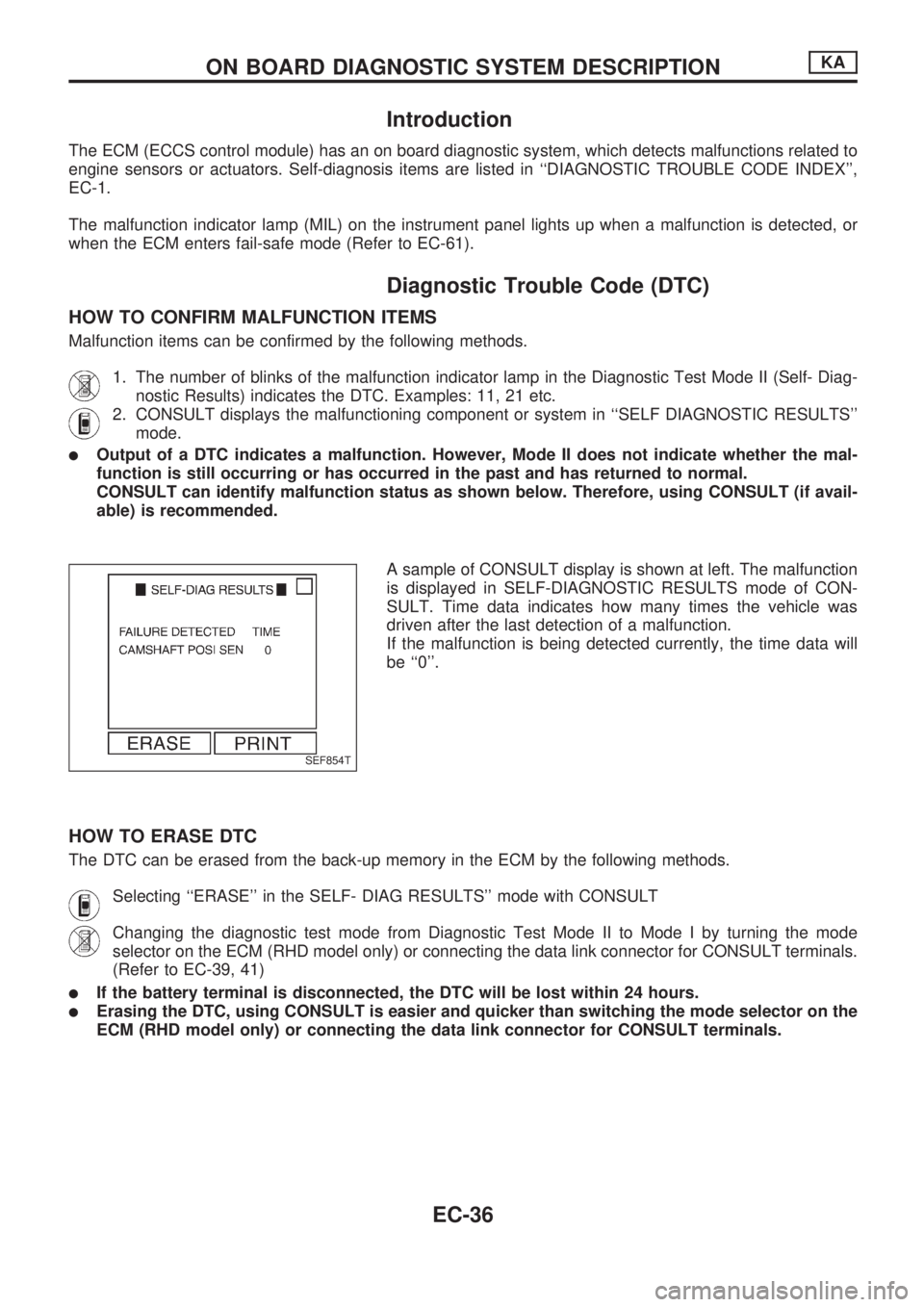NISSAN PICK-UP 1998  Repair Manual Introduction
The ECM (ECCS control module) has an on board diagnostic system, which detects malfunctions related to
engine sensors or actuators. Self-diagnosis items are listed in ``DIAGNOSTIC TROUBLE