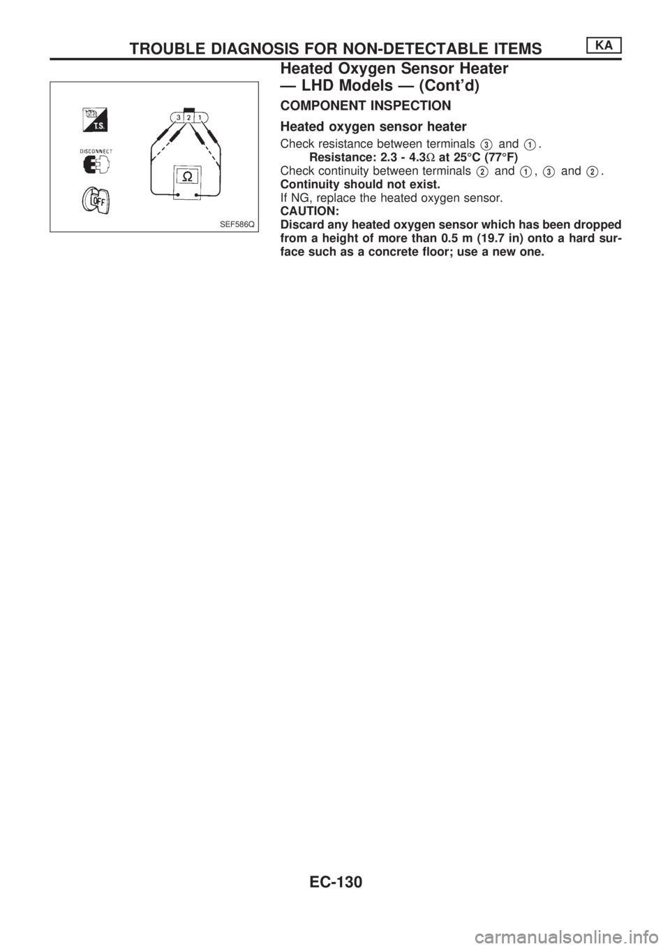 NISSAN PICK-UP 1998 Repair Manual COMPONENT INSPECTION
Heated oxygen sensor heater
Check resistance between terminalsV3andV1.
Resistance: 2.3 - 4.3Wat 25ÉC (77ÉF)
Check continuity between terminals
V2andV1,V3andV2.
Continuity should NISSAN PICK-UP 1998 Repair Manual COMPONENT INSPECTION
Heated oxygen sensor heater
Check resistance between terminalsV3andV1.
Resistance: 2.3 - 4.3Wat 25ÉC (77ÉF)
Check continuity between terminals
V2andV1,V3andV2.
Continuity should