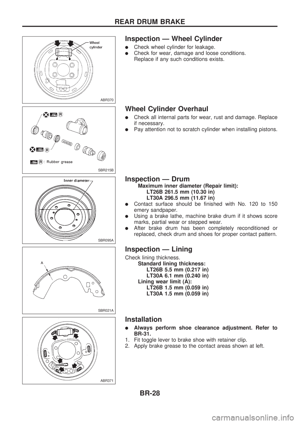NISSAN PICK-UP 1998 Owners Guide Inspection Ð Wheel Cylinder
lCheck wheel cylinder for leakage.
lCheck for wear, damage and loose conditions.
Replace if any such conditions exists.
Wheel Cylinder Overhaul
lCheck all internal parts f NISSAN PICK-UP 1998 Owners Guide Inspection Ð Wheel Cylinder
lCheck wheel cylinder for leakage.
lCheck for wear, damage and loose conditions.
Replace if any such conditions exists.
Wheel Cylinder Overhaul
lCheck all internal parts f