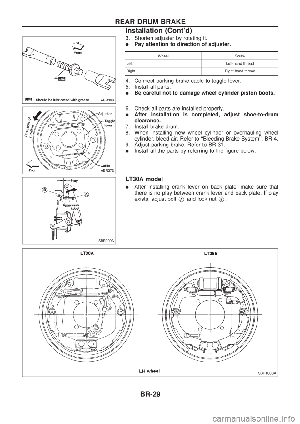 NISSAN PICK-UP 1998 Owners Guide 3. Shorten adjuster by rotating it.
lPay attention to direction of adjuster.
Wheel Screw
Left Left-hand thread
Right Right-hand thread
4. Connect parking brake cable to toggle lever.
5. Install all pa NISSAN PICK-UP 1998 Owners Guide 3. Shorten adjuster by rotating it.
lPay attention to direction of adjuster.
Wheel Screw
Left Left-hand thread
Right Right-hand thread
4. Connect parking brake cable to toggle lever.
5. Install all pa