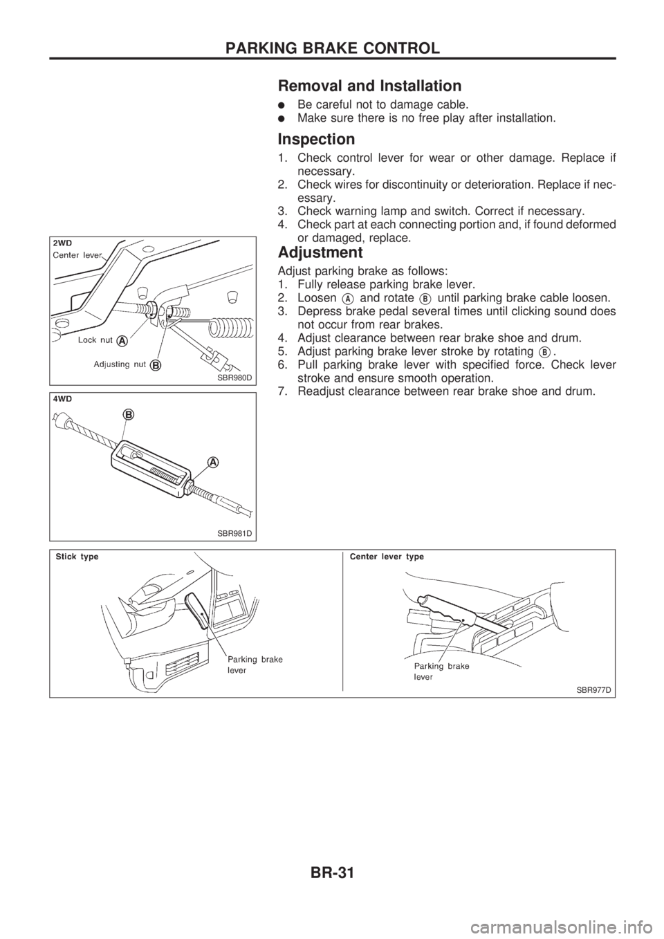 NISSAN PICK-UP 1998 Owners Guide Removal and Installation
lBe careful not to damage cable.
lMake sure there is no free play after installation.
Inspection
1. Check control lever for wear or other damage. Replace if
necessary.
2. Chec NISSAN PICK-UP 1998 Owners Guide Removal and Installation
lBe careful not to damage cable.
lMake sure there is no free play after installation.
Inspection
1. Check control lever for wear or other damage. Replace if
necessary.
2. Chec