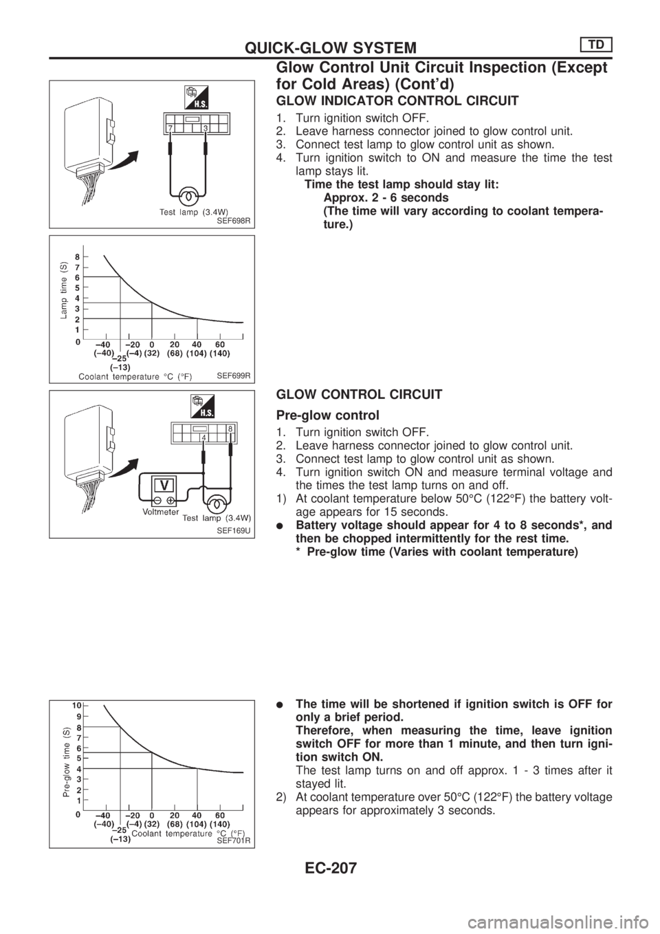 NISSAN PICK-UP 1998 Repair Manual GLOW INDICATOR CONTROL CIRCUIT
1. Turn ignition switch OFF.
2. Leave harness connector joined to glow control unit.
3. Connect test lamp to glow control unit as shown.
4. Turn ignition switch to ON an NISSAN PICK-UP 1998 Repair Manual GLOW INDICATOR CONTROL CIRCUIT
1. Turn ignition switch OFF.
2. Leave harness connector joined to glow control unit.
3. Connect test lamp to glow control unit as shown.
4. Turn ignition switch to ON an