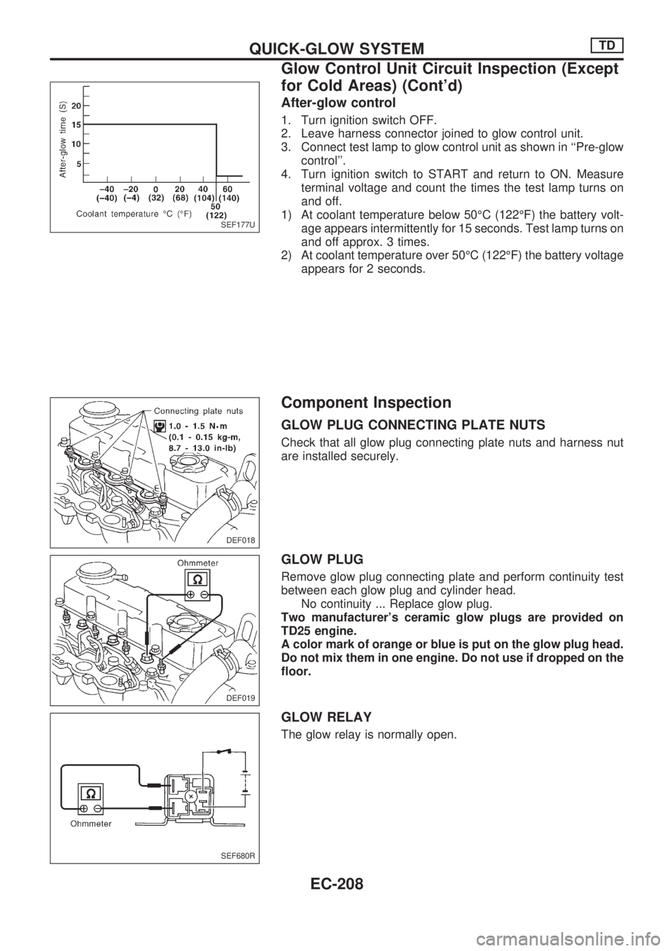 NISSAN PICK-UP 1998 Repair Manual After-glow control
1. Turn ignition switch OFF.
2. Leave harness connector joined to glow control unit.
3. Connect test lamp to glow control unit as shown in ``Pre-glow
control.
4. Turn ignition swi NISSAN PICK-UP 1998 Repair Manual After-glow control
1. Turn ignition switch OFF.
2. Leave harness connector joined to glow control unit.
3. Connect test lamp to glow control unit as shown in ``Pre-glow
control.
4. Turn ignition swi
