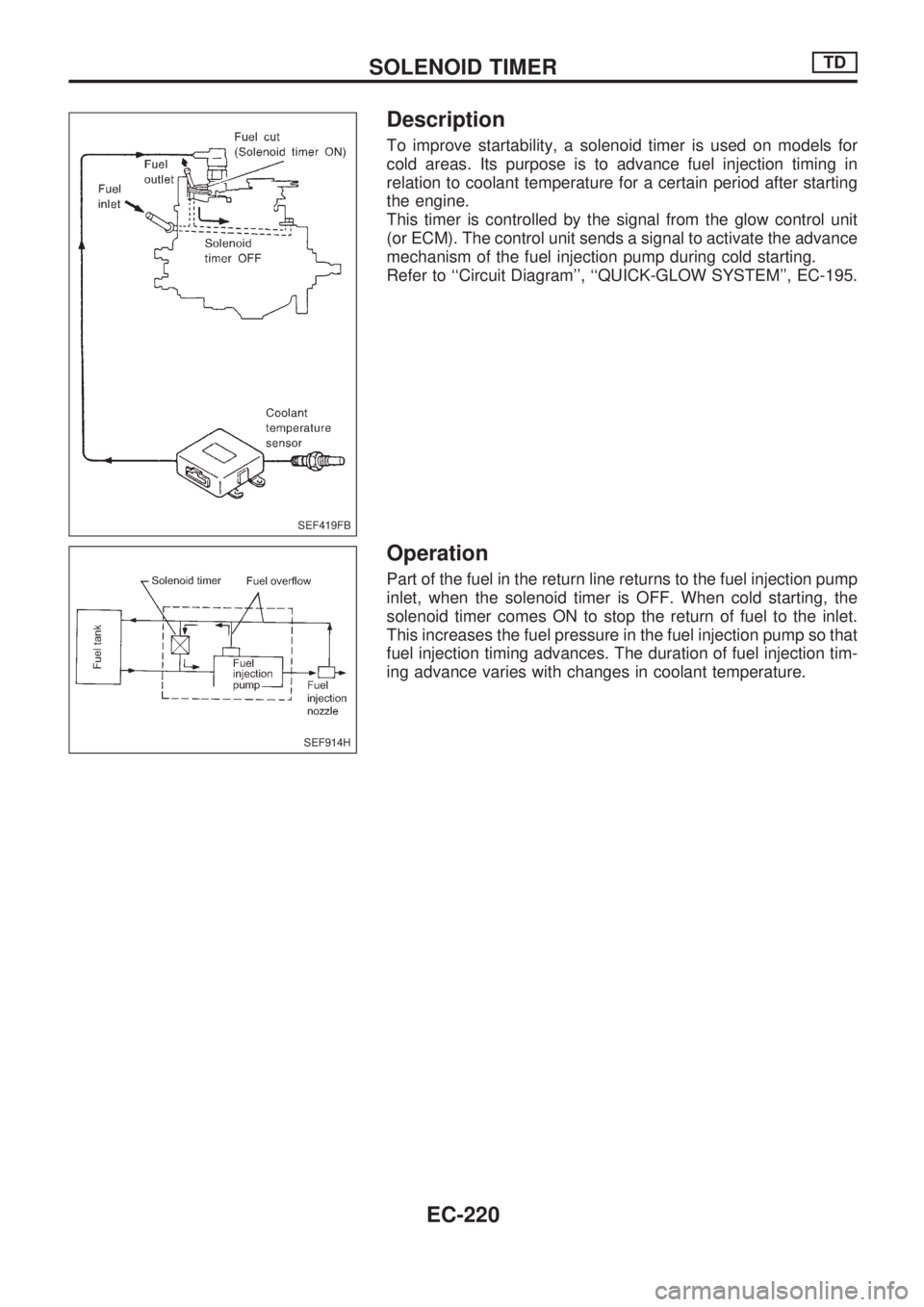 NISSAN PICK-UP 1998  Repair Manual Description
To improve startability, a solenoid timer is used on models for
cold areas. Its purpose is to advance fuel injection timing in
relation to coolant temperature for a certain period after st
