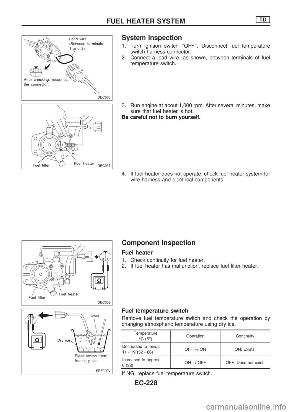 NISSAN PICK-UP 1998  Repair Manual System Inspection
1. Turn ignition switch ``OFF. Disconnect fuel temperature
switch harness connector.
2. Connect a lead wire, as shown, between terminals of fuel
temperature switch.
3. Run engine a