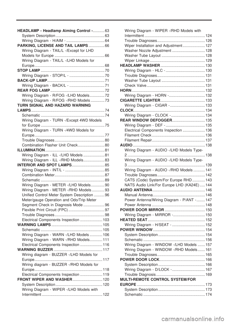 NISSAN PICK-UP 1998  Repair Manual HEADLAMP - Headlamp Aiming Control -........... 63
System Description .............................................. 63
Wiring Diagram - H/AIM - .................................... 64
PARKING, LICENS