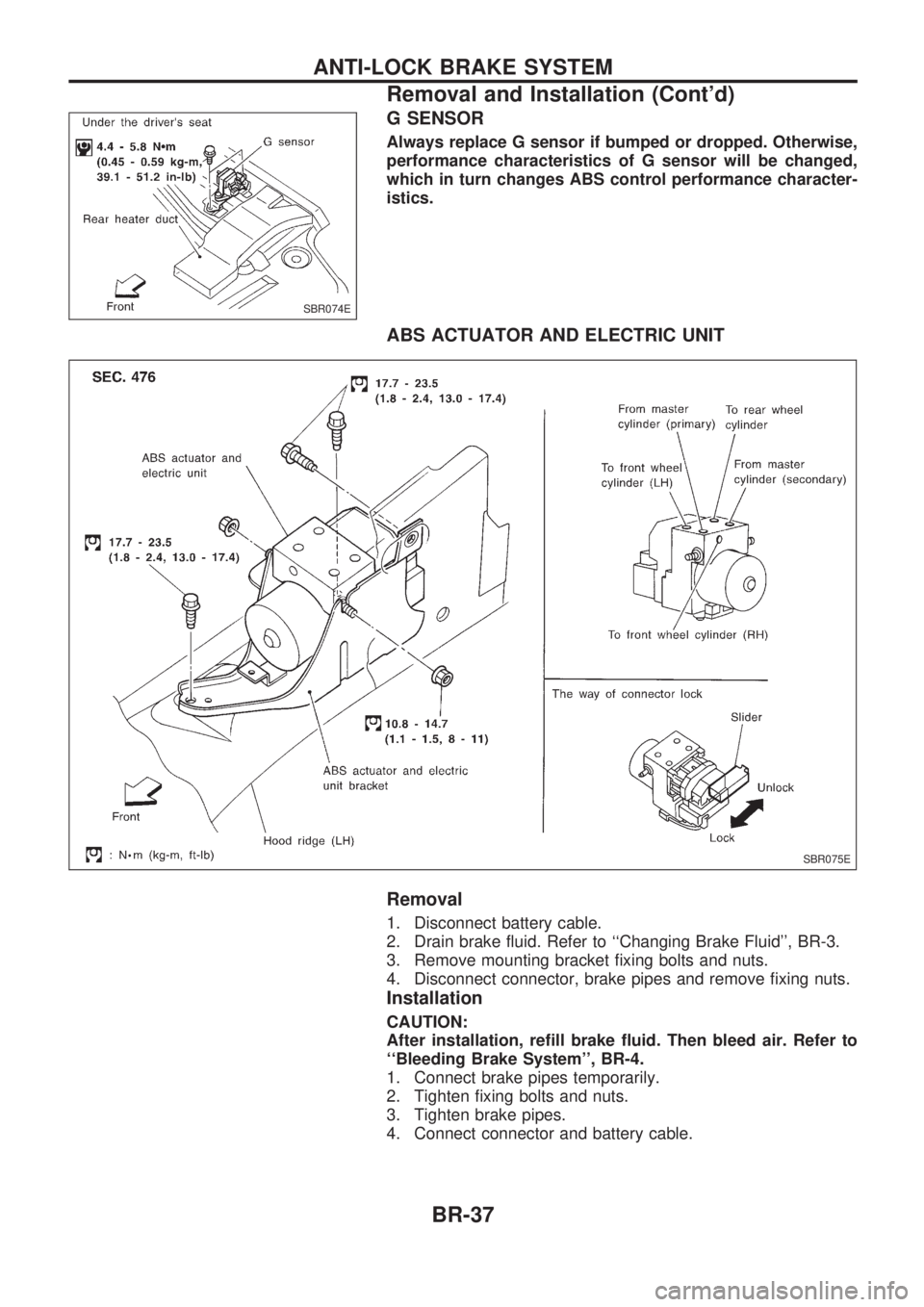 NISSAN PICK-UP 1998 Service Manual G SENSOR
Always replace G sensor if bumped or dropped. Otherwise,
performance characteristics of G sensor will be changed,
which in turn changes ABS control performance character-
istics.
ABS ACTUATOR