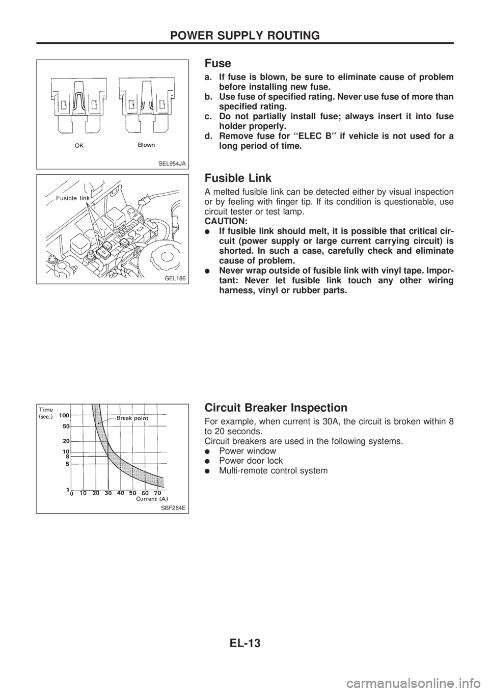 NISSAN PICK-UP 1998  Repair Manual Fuse
a. If fuse is blown, be sure to eliminate cause of problem
before installing new fuse.
b. Use fuse of specified rating. Never use fuse of more than
specified rating.
c. Do not partially install f