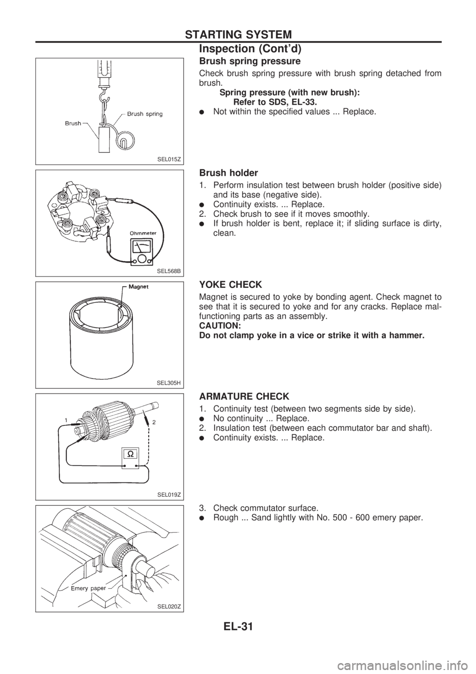 NISSAN PICK-UP 1998 Repair Manual Brush spring pressure
Check brush spring pressure with brush spring detached from
brush.
Spring pressure (with new brush):
Refer to SDS, EL-33.
lNot within the specified values ... Replace.
Brush hold NISSAN PICK-UP 1998 Repair Manual Brush spring pressure
Check brush spring pressure with brush spring detached from
brush.
Spring pressure (with new brush):
Refer to SDS, EL-33.
lNot within the specified values ... Replace.
Brush hold