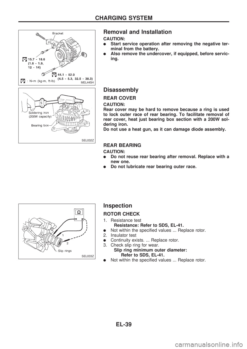 NISSAN PICK-UP 1998  Repair Manual Removal and Installation
CAUTION:
lStart service operation after removing the negative ter-
minal from the battery.
lAlso remove the undercover, if equipped, before servic-
ing.
Disassembly
REAR COVER
